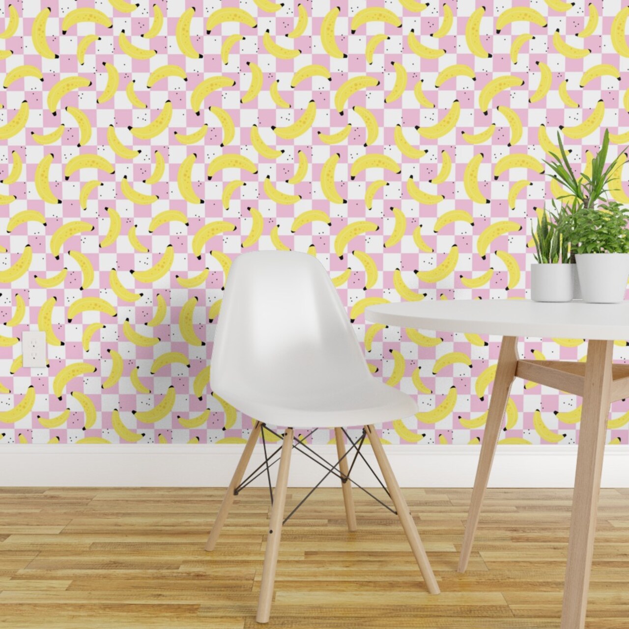 Pre-Pasted Wallpaper 2FT Wide Checkerboard Plaid Retro Fruit Nineties Summer Banana Fun Whimsical Pink Quirky Custom Pre-pasted Wallpaper by Spoonflower